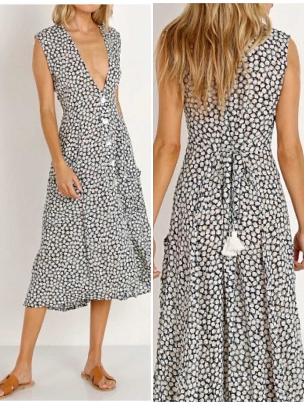 Faithfull the Brand Black and White Floral V-Neck Midi Dress